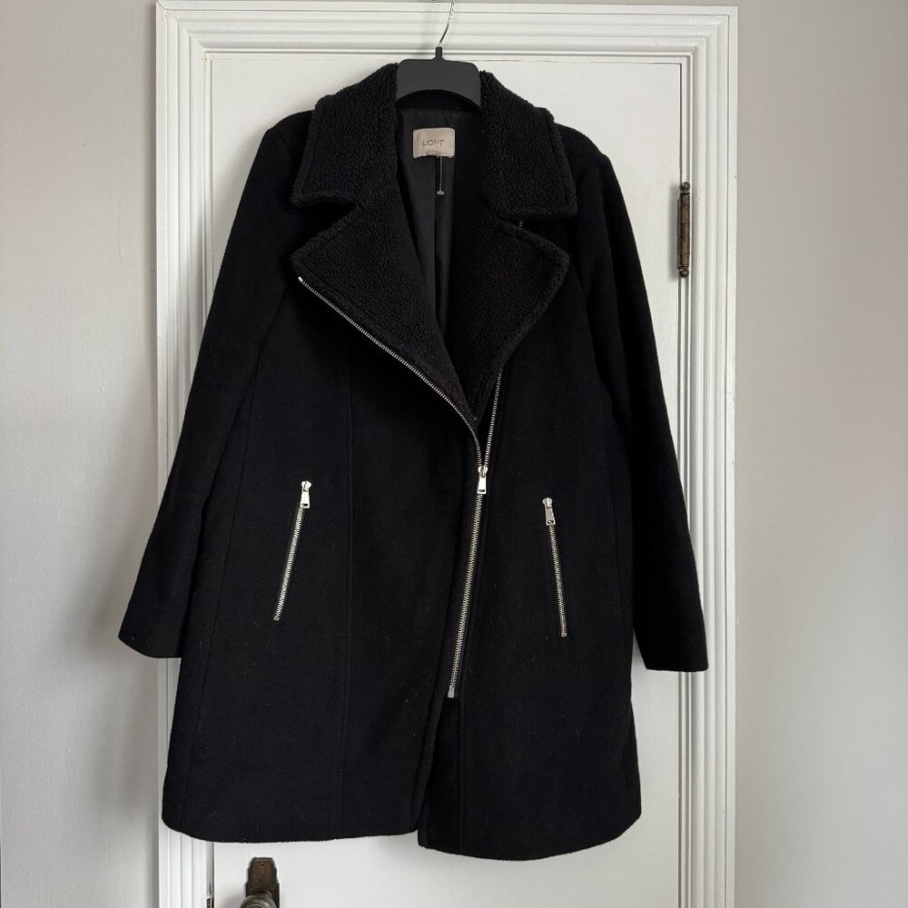 LOFT Wool Blend Long Coat Sherpa Jacket Black Size Medium